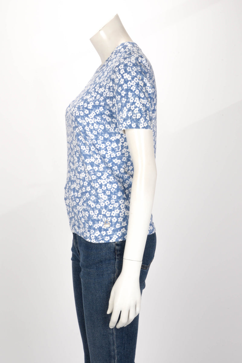Chanel Blue Cotton Knit Floral CC T-Shirt FR 36