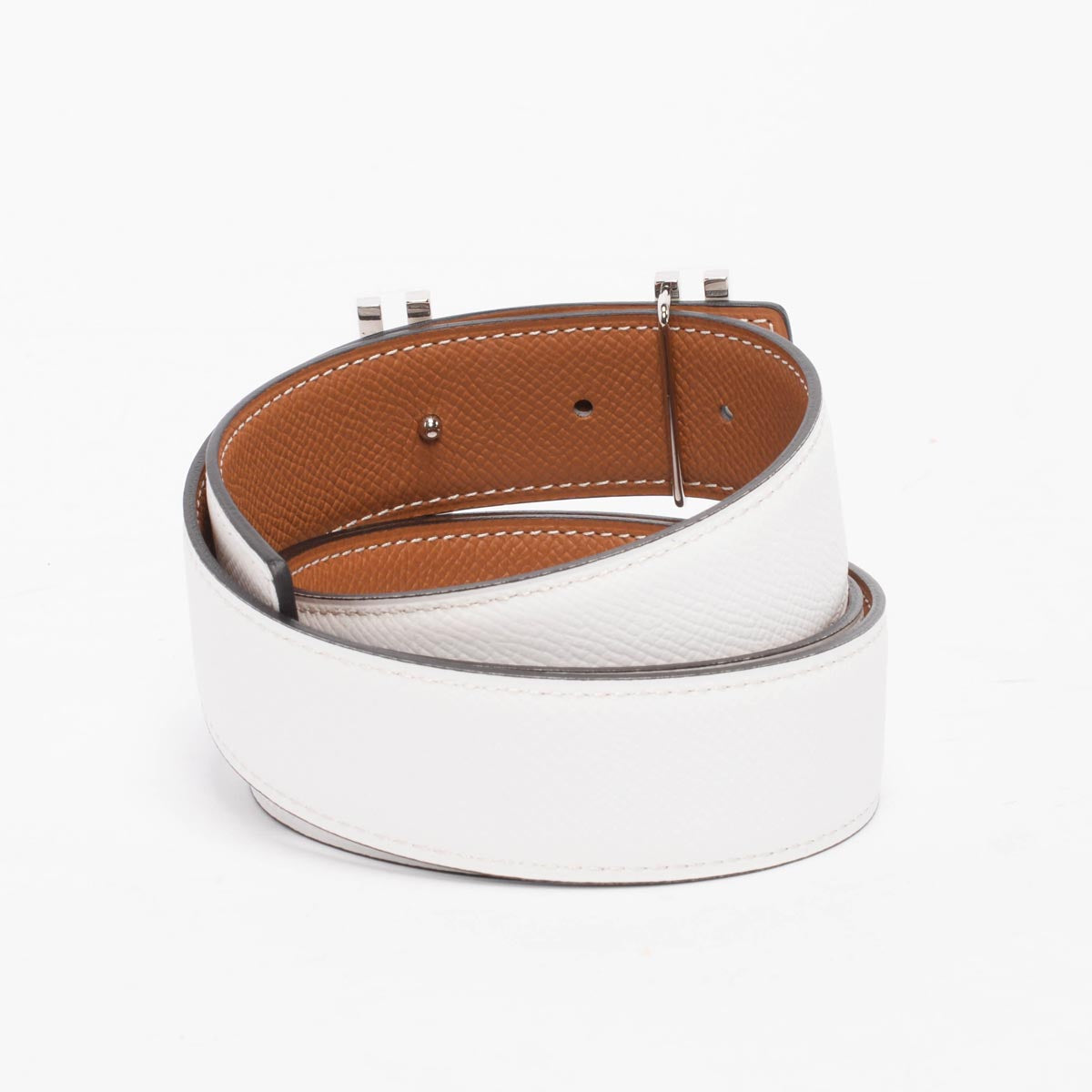 Hermes White & Gold Epsom H Au Carre Reversible Belt