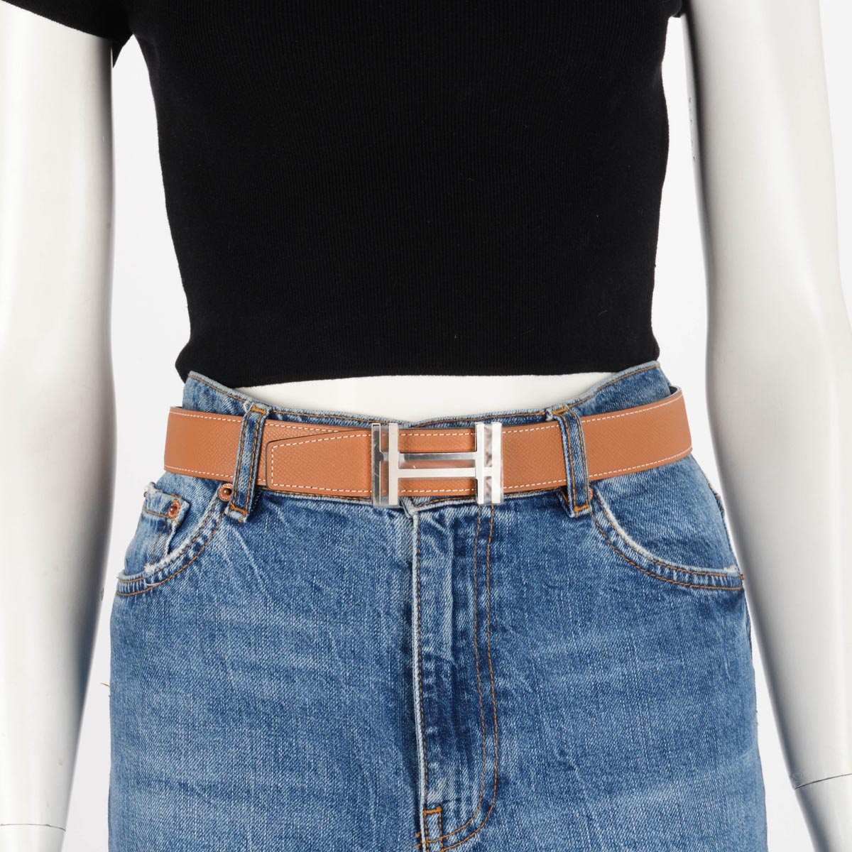 Hermes White & Gold Epsom H Au Carre Reversible Belt