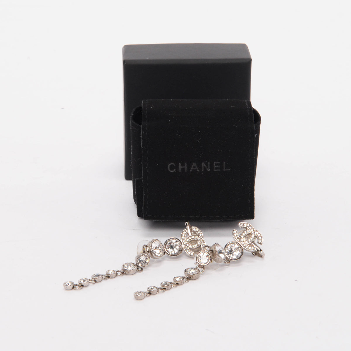 Chanel Silver Crystal CC Long Drop Earrings