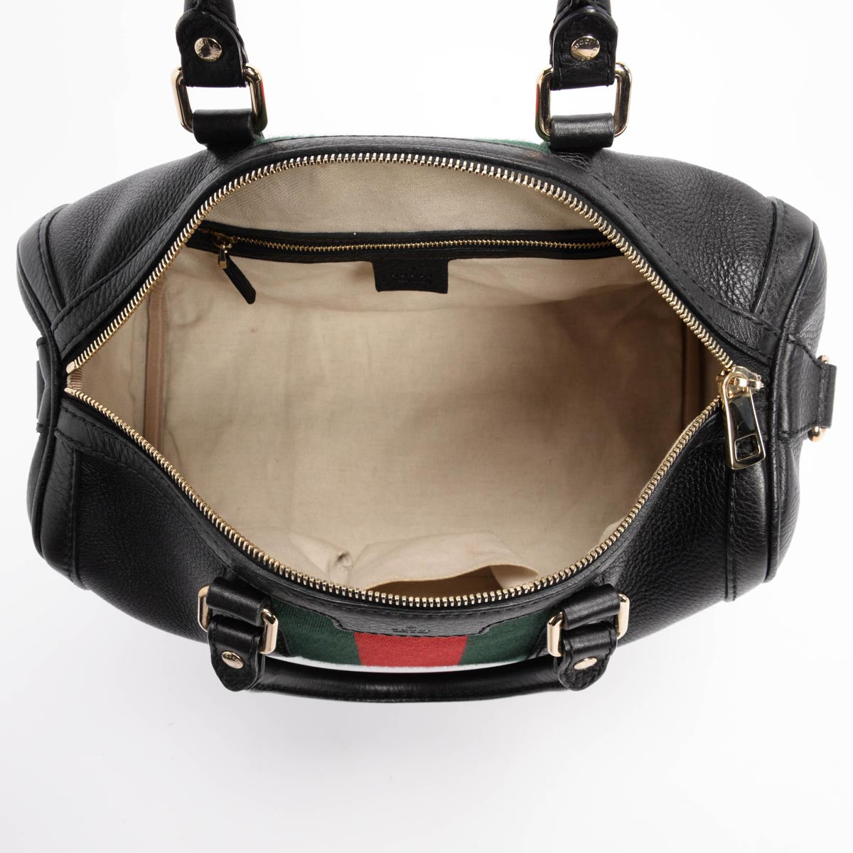 Gucci Black Grained Calfskin Vintage Web Medium Boston Bag