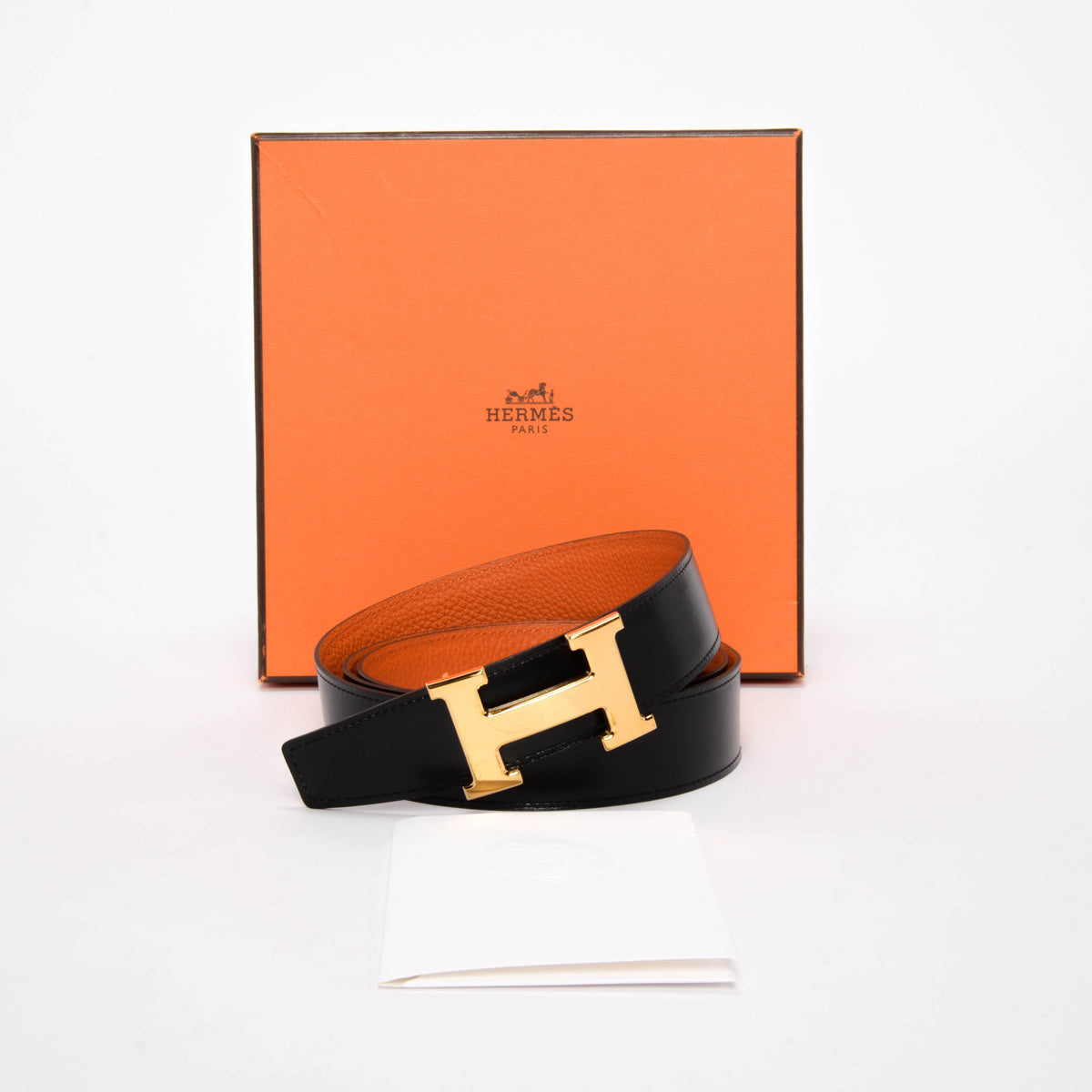 Hermes Black & Orange Box Calf & Togo Reversible H Buckle Belt