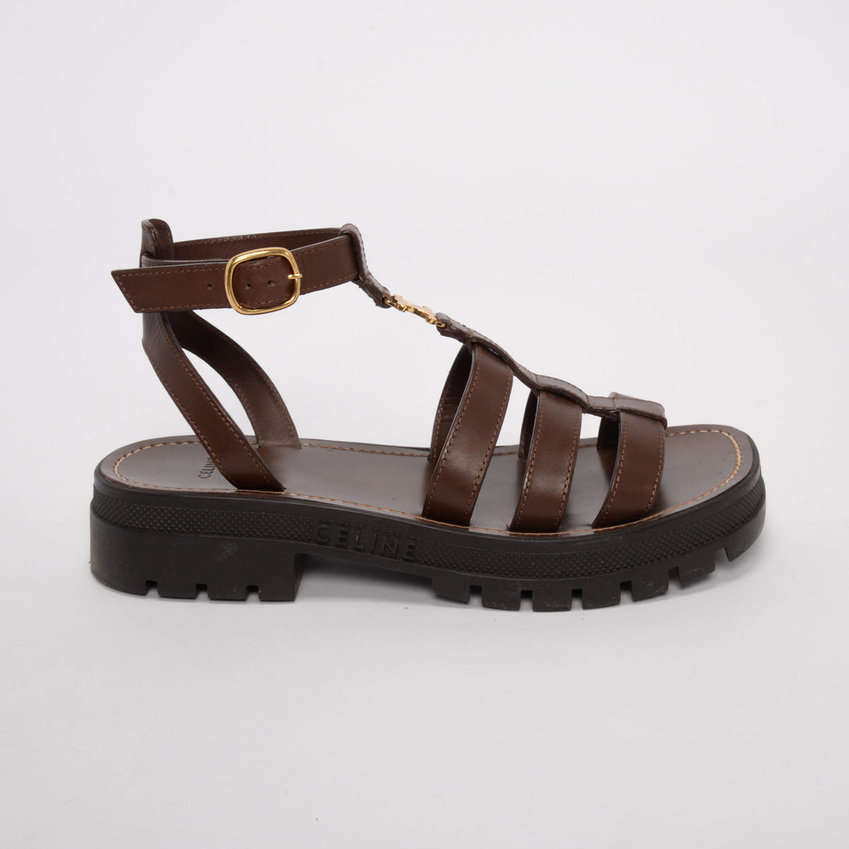 Celine Dark Brown Calfskin Clea Triomphe Sandals 40