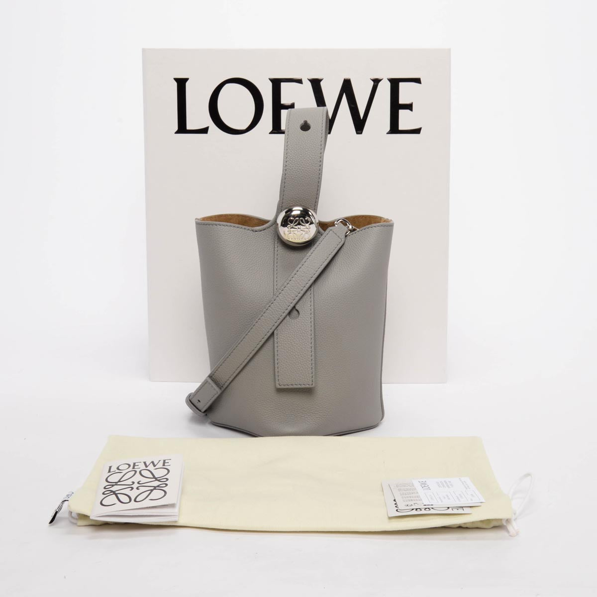 Loewe Pearl Grey Soft Grain Mini Pebble Bucket Bag