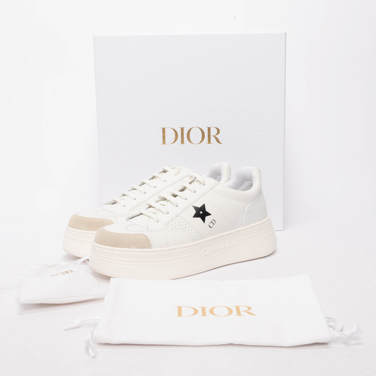 Dior White Calfskin & Suede Star Platform Sneakers 40.5