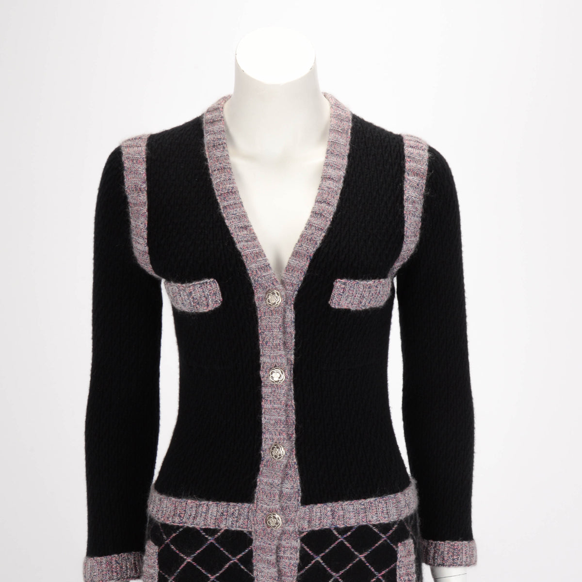 Chanel Black & Purple Cashmere Camellia Button Dress FR 36