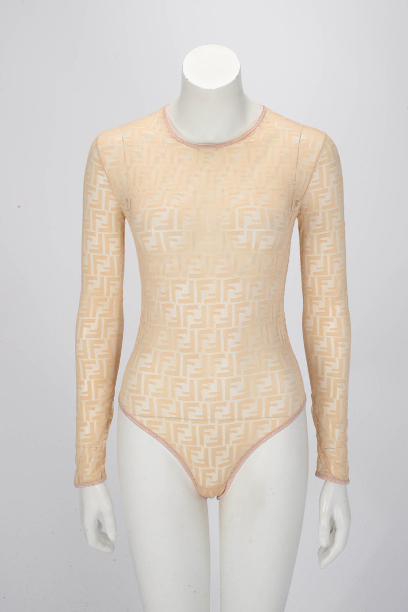 Fendi Beige FF Lace Long Sleeve Body Suit