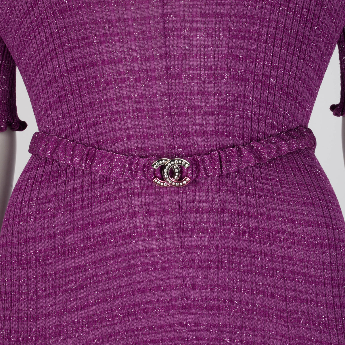 Chanel Purple Ribbed Lurex Collared Midi Dress FR 48