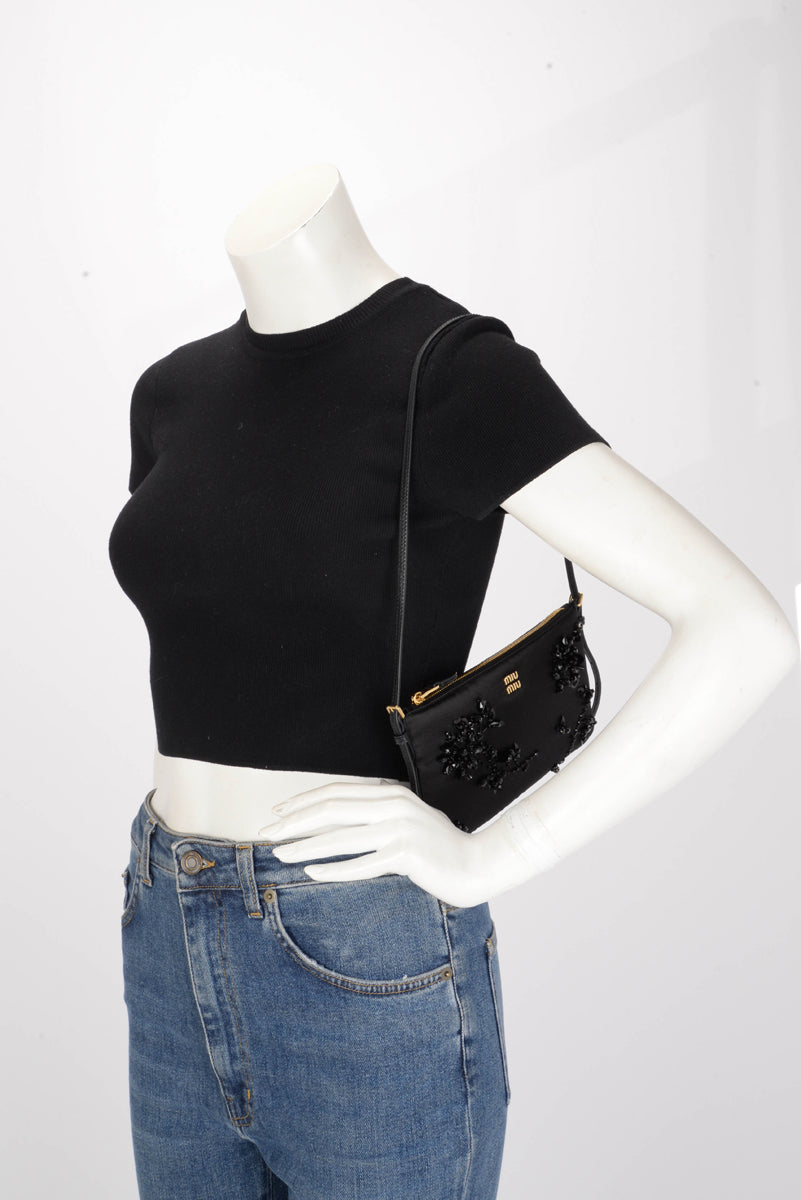 Miu Miu Black Duchesse Satin Beaded Mini Pouch