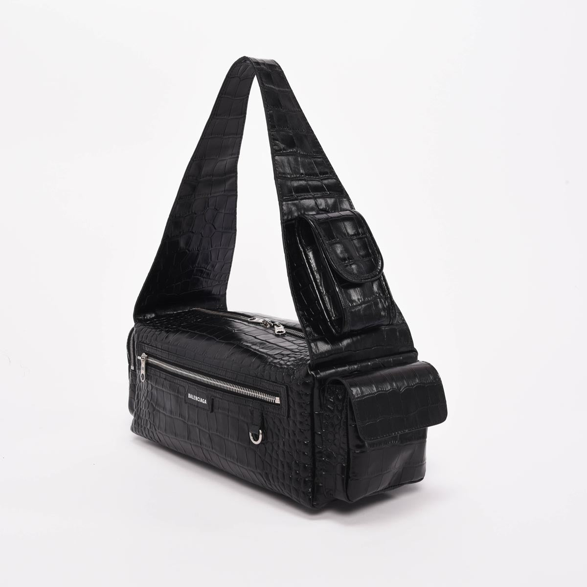 Balenciaga Black Croc Embossed Small Superbusy Sling Bag