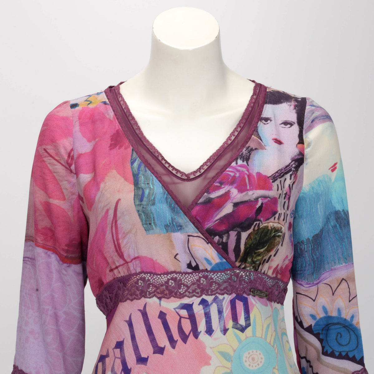 Galliano Purple Silk Logo V-Neck Dress IT 44