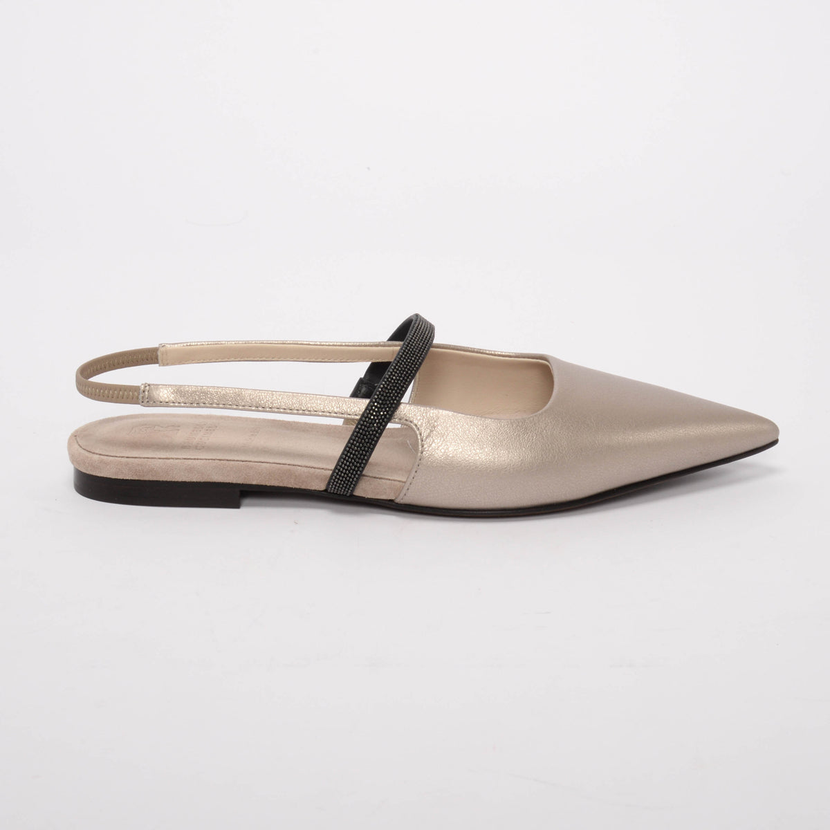 Brunello Cucinelli Pewter Leather Beaded Slingback Flats 37
