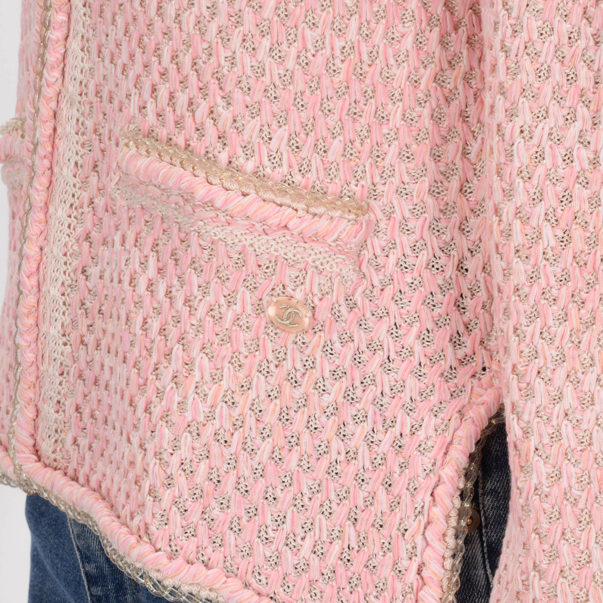 Chanel Pink Diamond Knit Braided Trim Cardigan FR 34