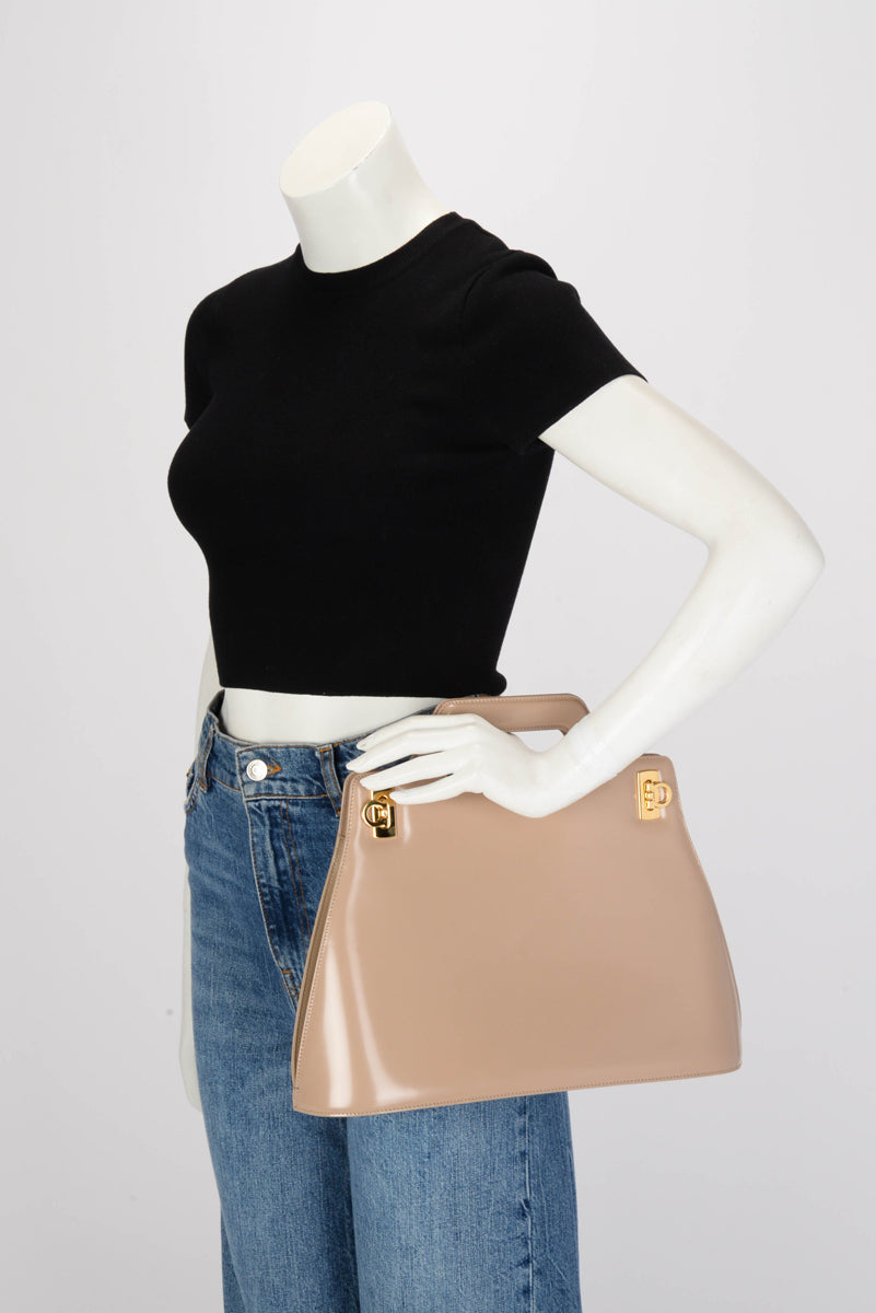 Ferragamo Beige Hi-Shine Wanda Top Handle Bag