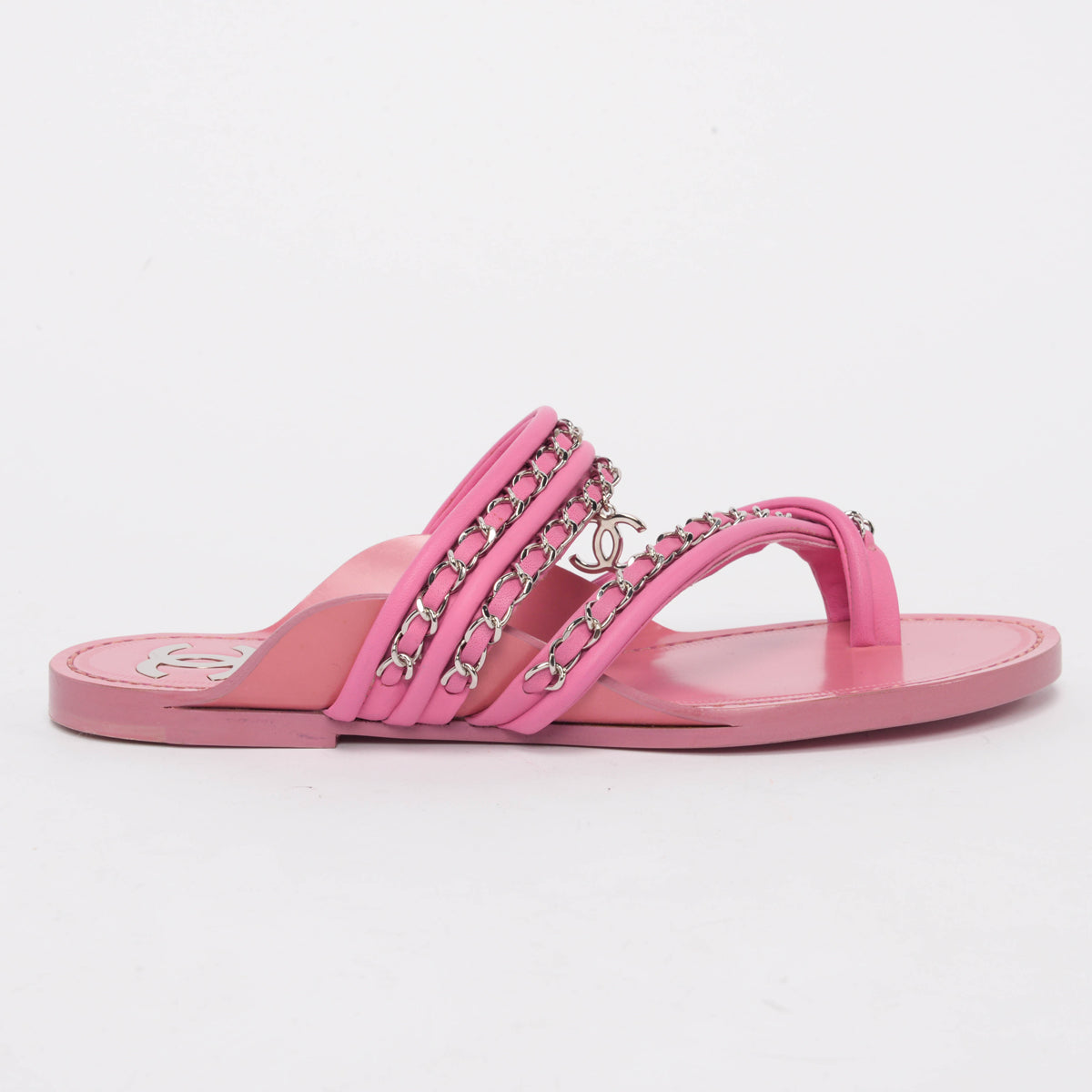 Chanel Pink Calfskin CC Chain Thong Sandals 38