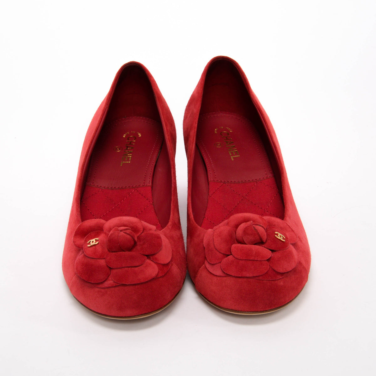 Chanel Red Suede Camellia Pumps 40.5