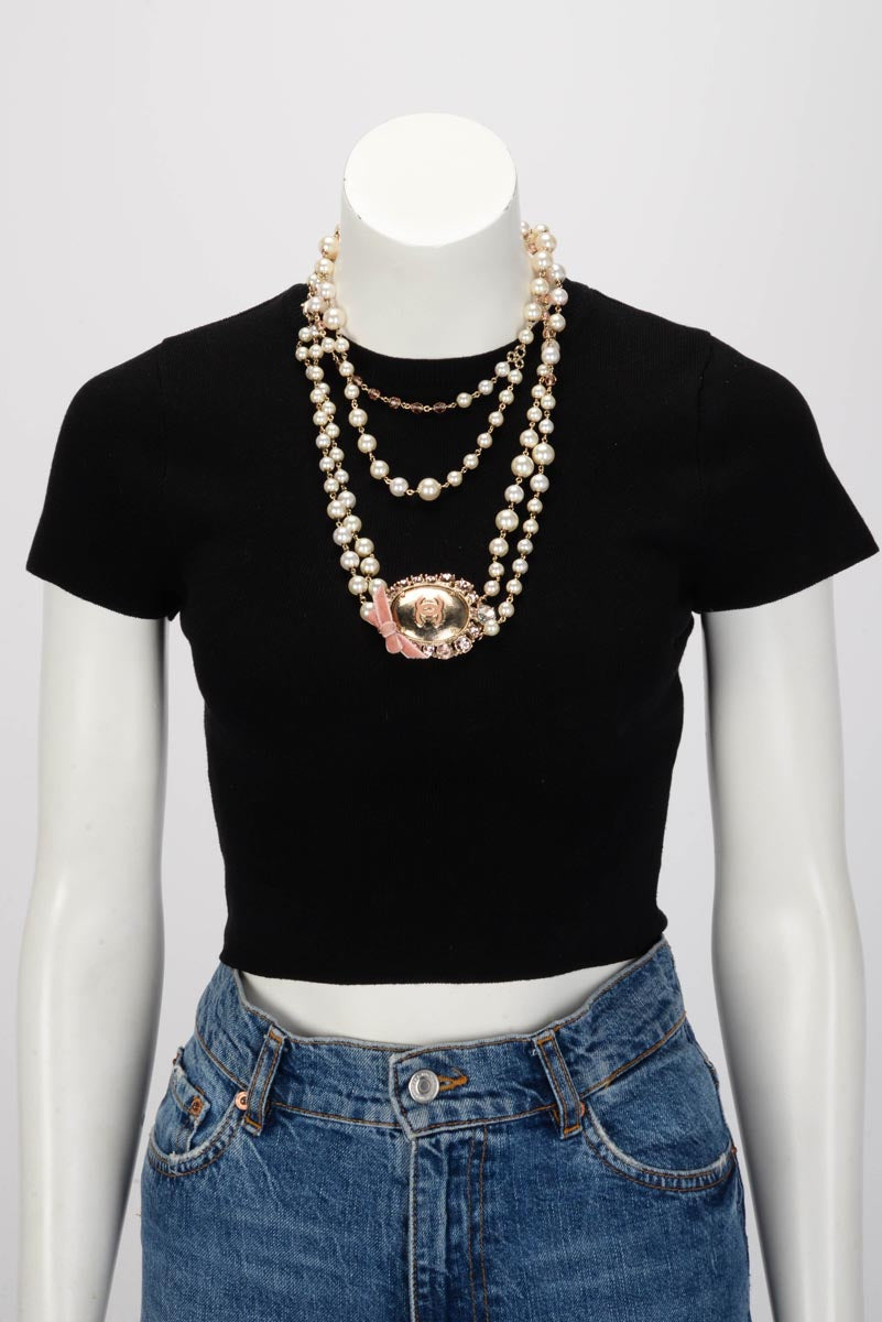 Chanel Light Gold Pearl CC Cameo Long Necklace