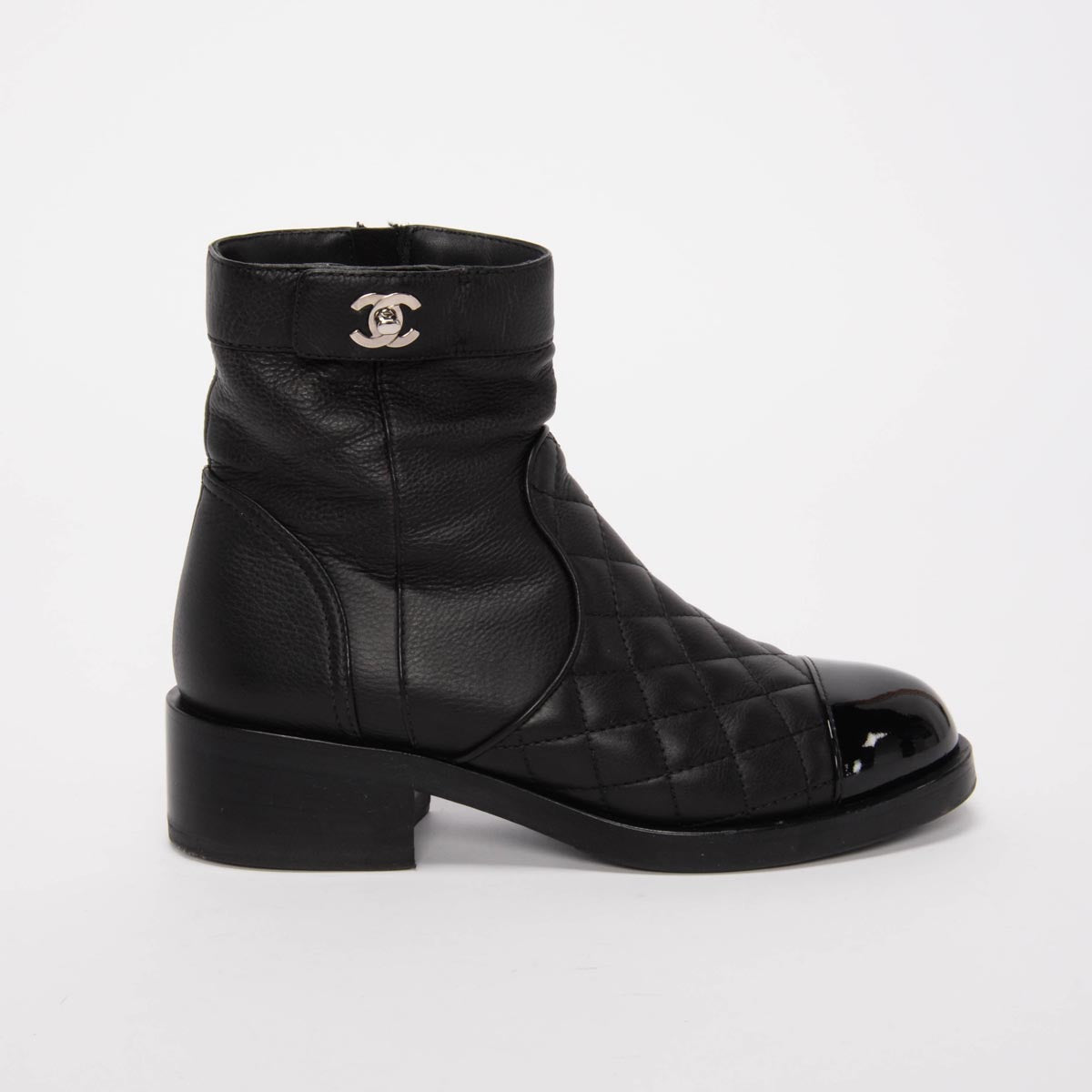 Chanel Black Calfskin & Patent Cap Toe Ankle Boots 36