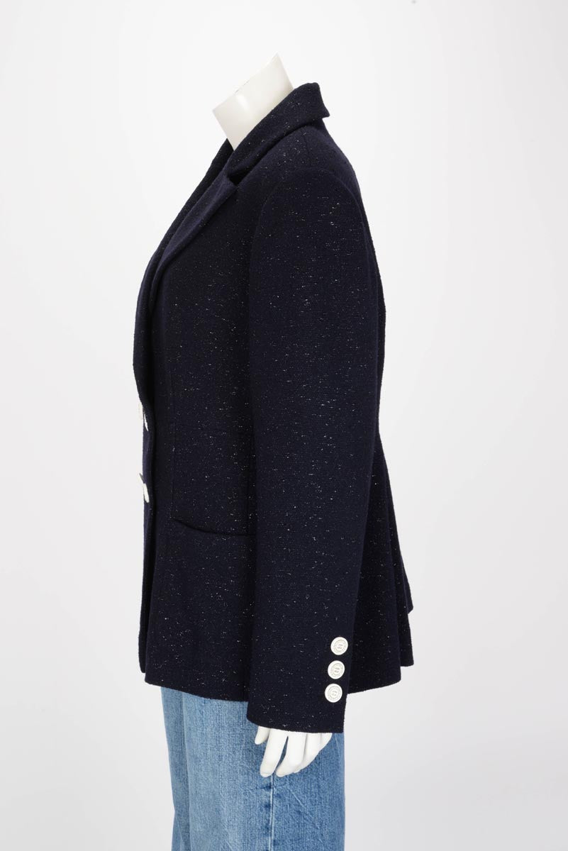 Chanel Dark Navy Lurex Tweed Double Breasted Jacket FR 50