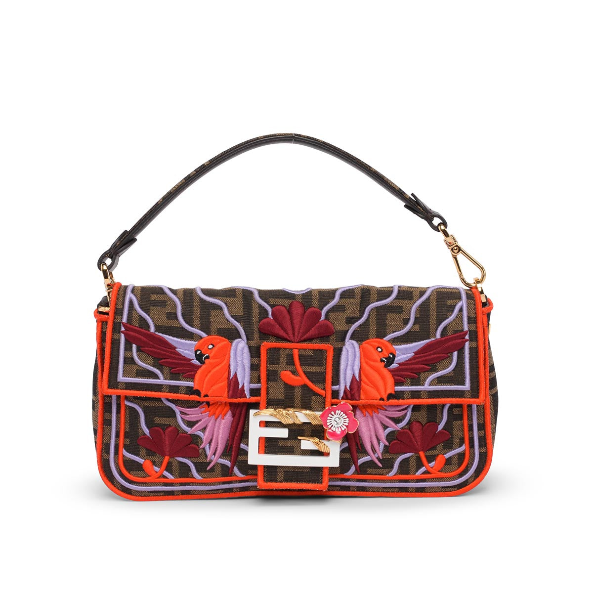 Fendi Multi Colour Zucca Canvas Embroidered Parrots Baguette