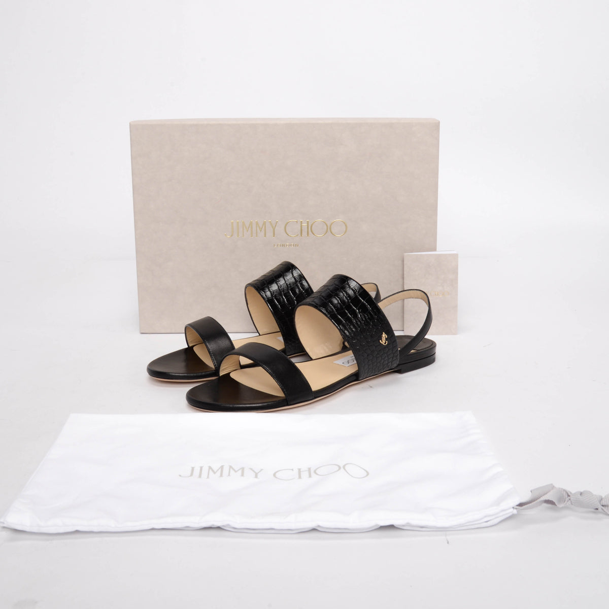 Jimmy Choo Black Nappa & Croc Embossed Seia Flat Sandals 38