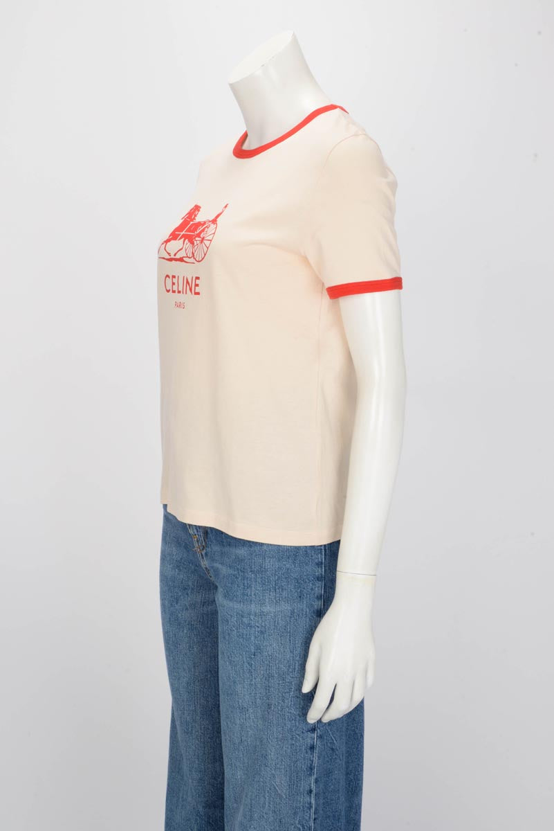 Celine Beige & Red Cotton Horse Carriage Logo T-Shirt M