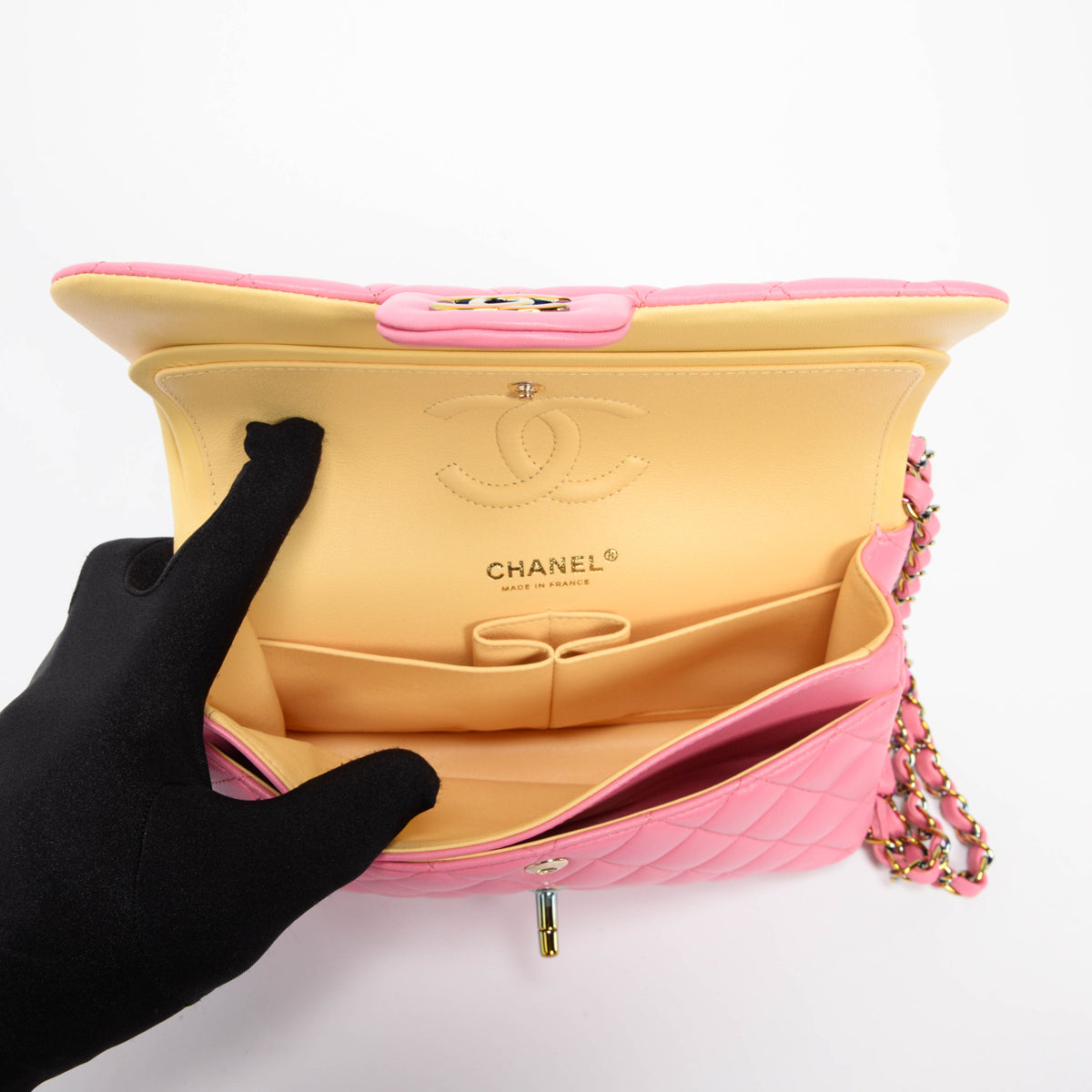 Chanel Pink & Yellow Quilted Lambskin Small Classic Flap Bag