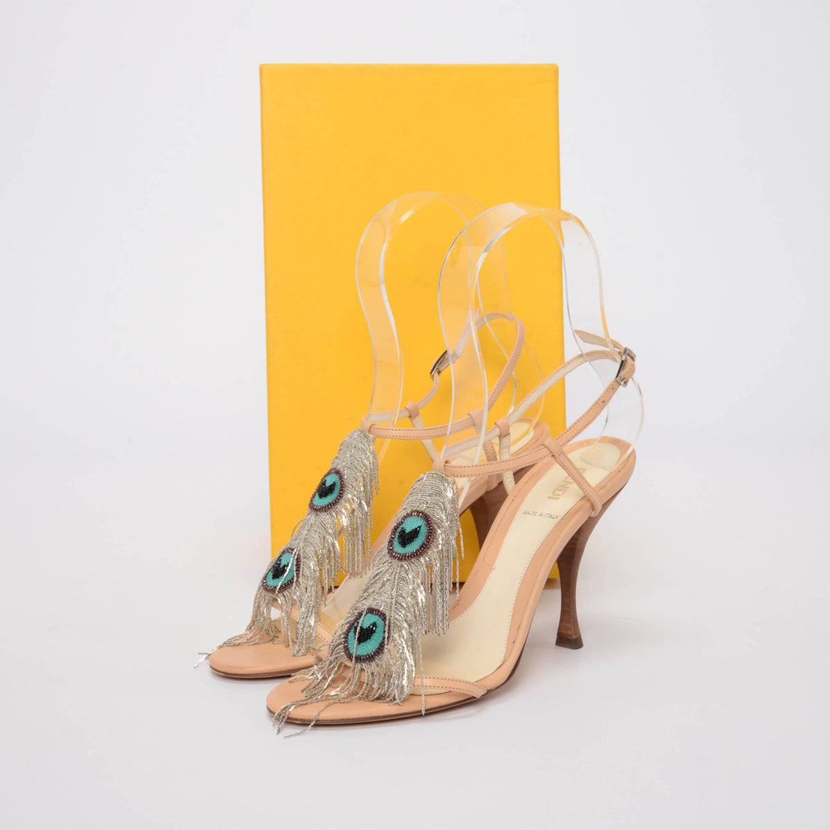Fendi Blush Leather Embellished Peacock Fringe Sandals 38