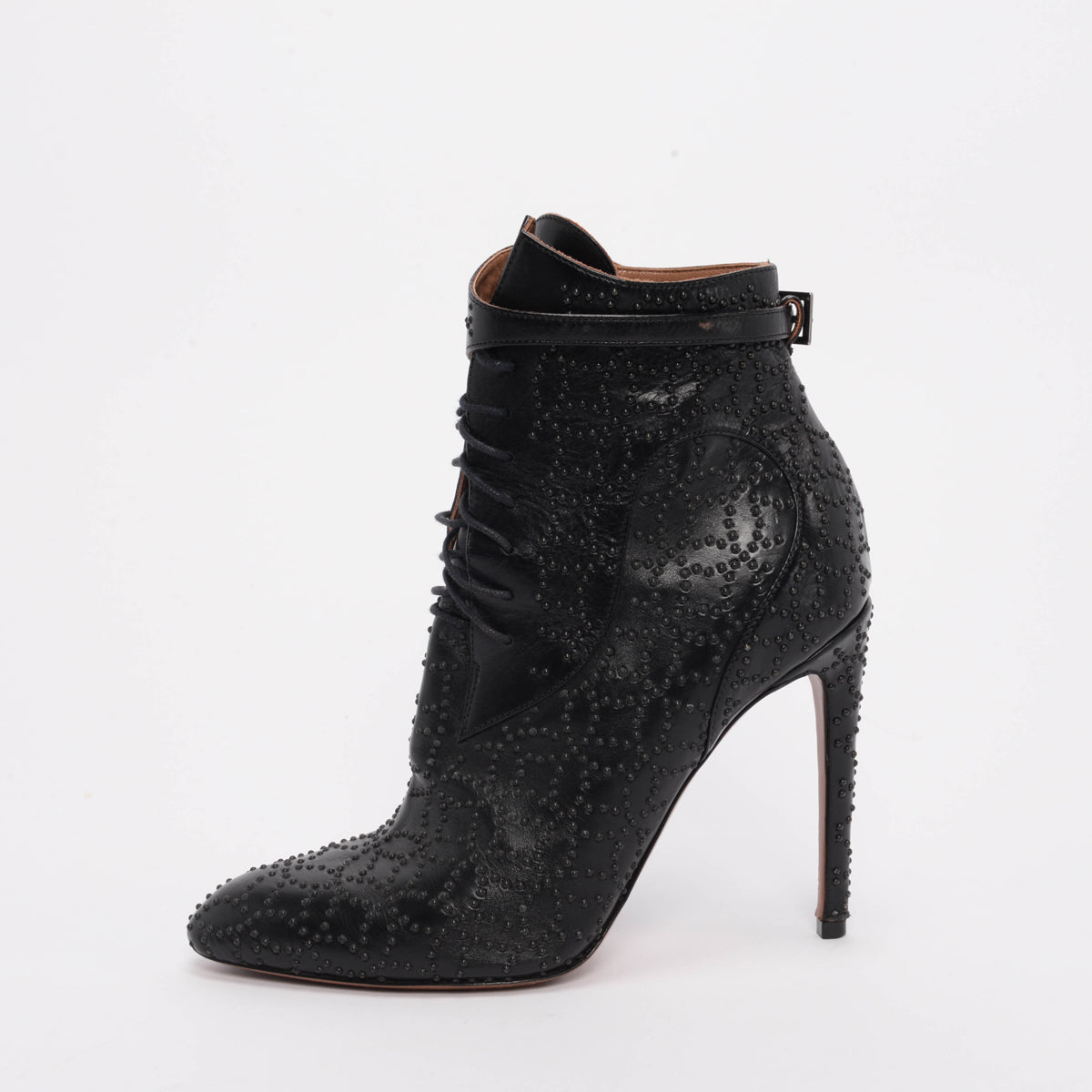 Alaia Black Calfskin Studded Lace Up Boots 38