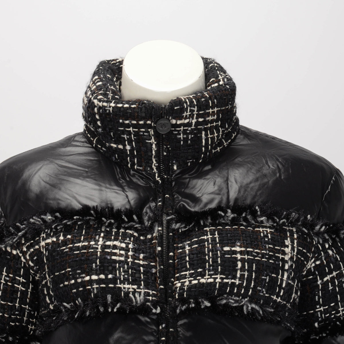 Chanel Black Nylon & Tweed Coco Neige Puffer Jacket FR 36