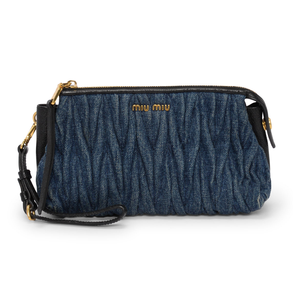 Miu Miu Washed Blue Matelasse Denim Wristlet Pouch