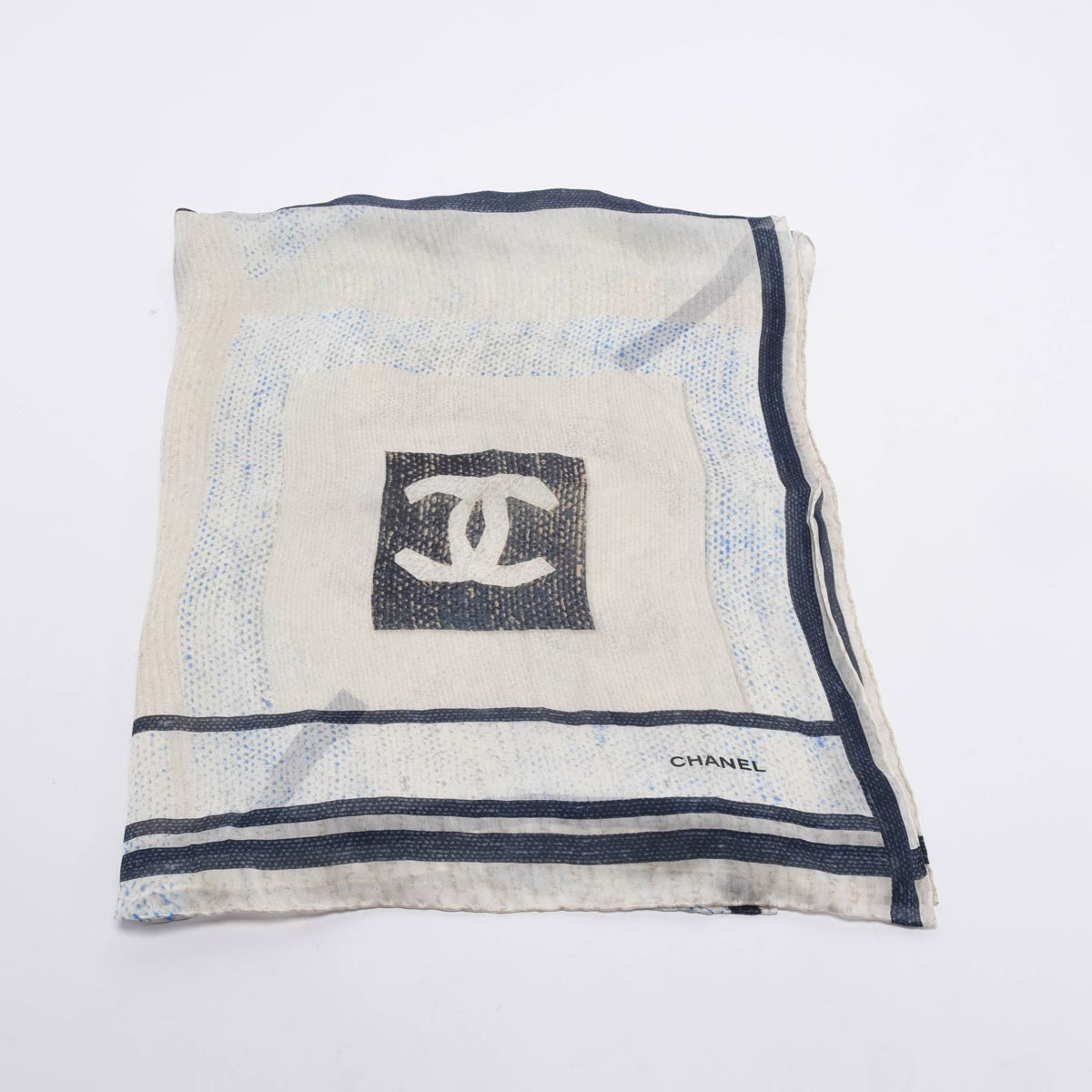 Chanel Cream & Blue Silk Chiffon CC Camellia Scarf
