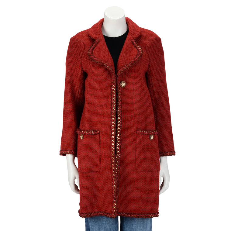 Chanel Red Boucle Gold Chain Trim Coat FR 34