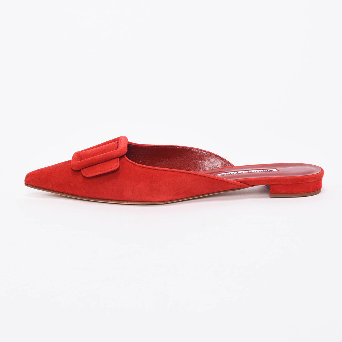 Manolo Blahnik Red Suede Maysale Buckle Mules 40