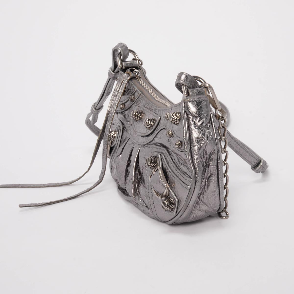 Balenciaga Silver Metallic Lambskin Le Cagole Mini Bag with Chain