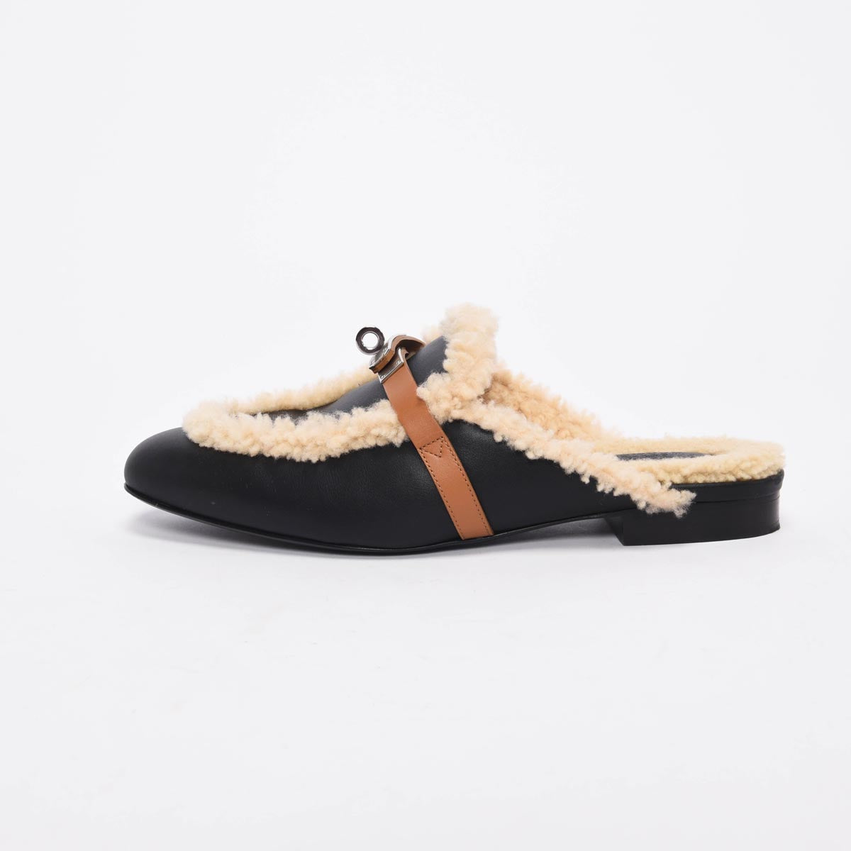 Hermes Black & Natural Goatskin & Shearling Oz Mules 39