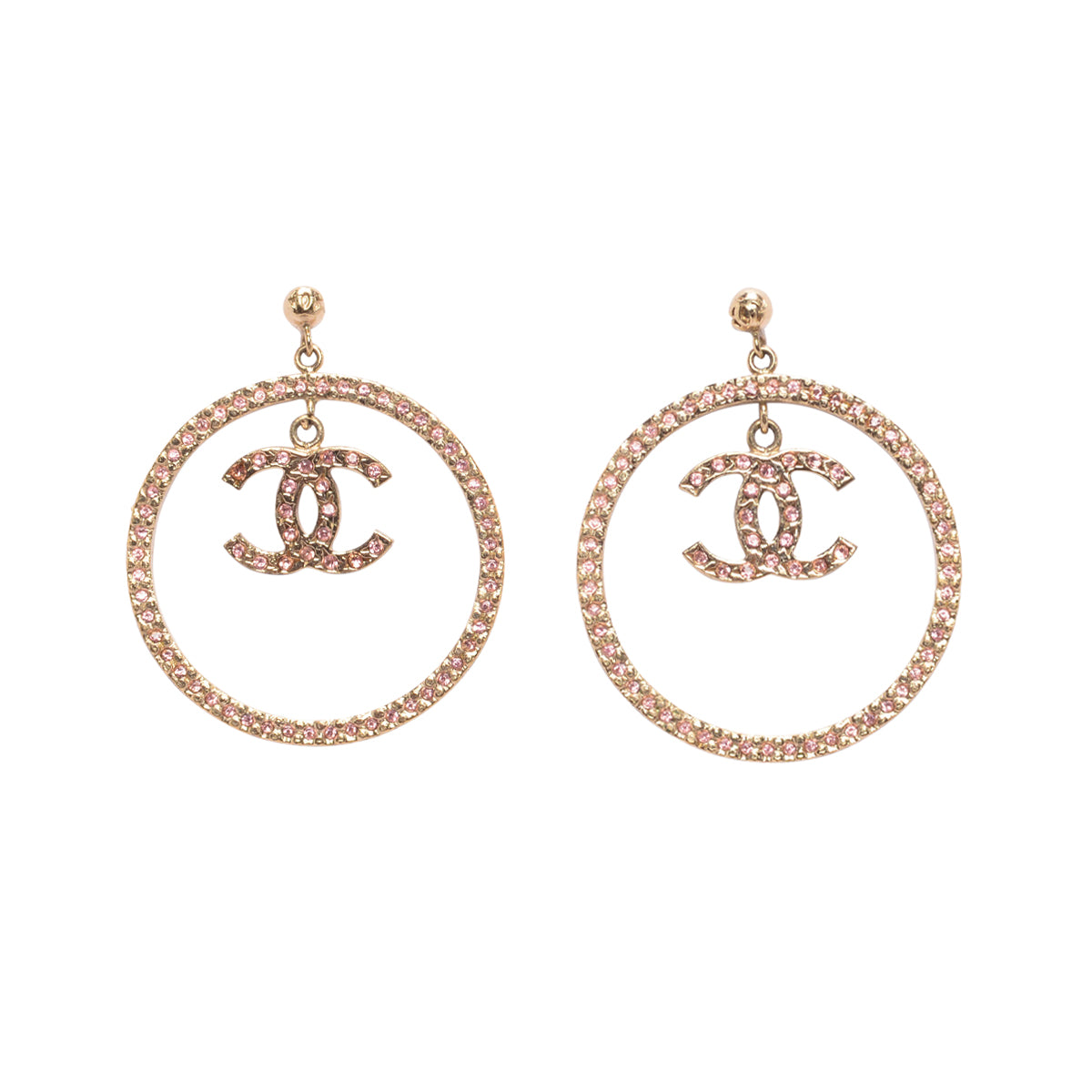 Chanel Light Gold & Pink Crystal CC Hoop Earrings