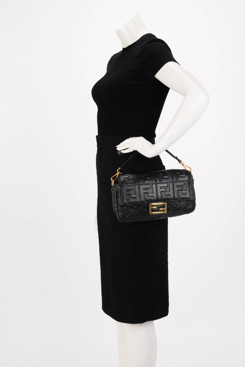 Fendi Black Nappa Leather FF 1974 Embossed Baguette