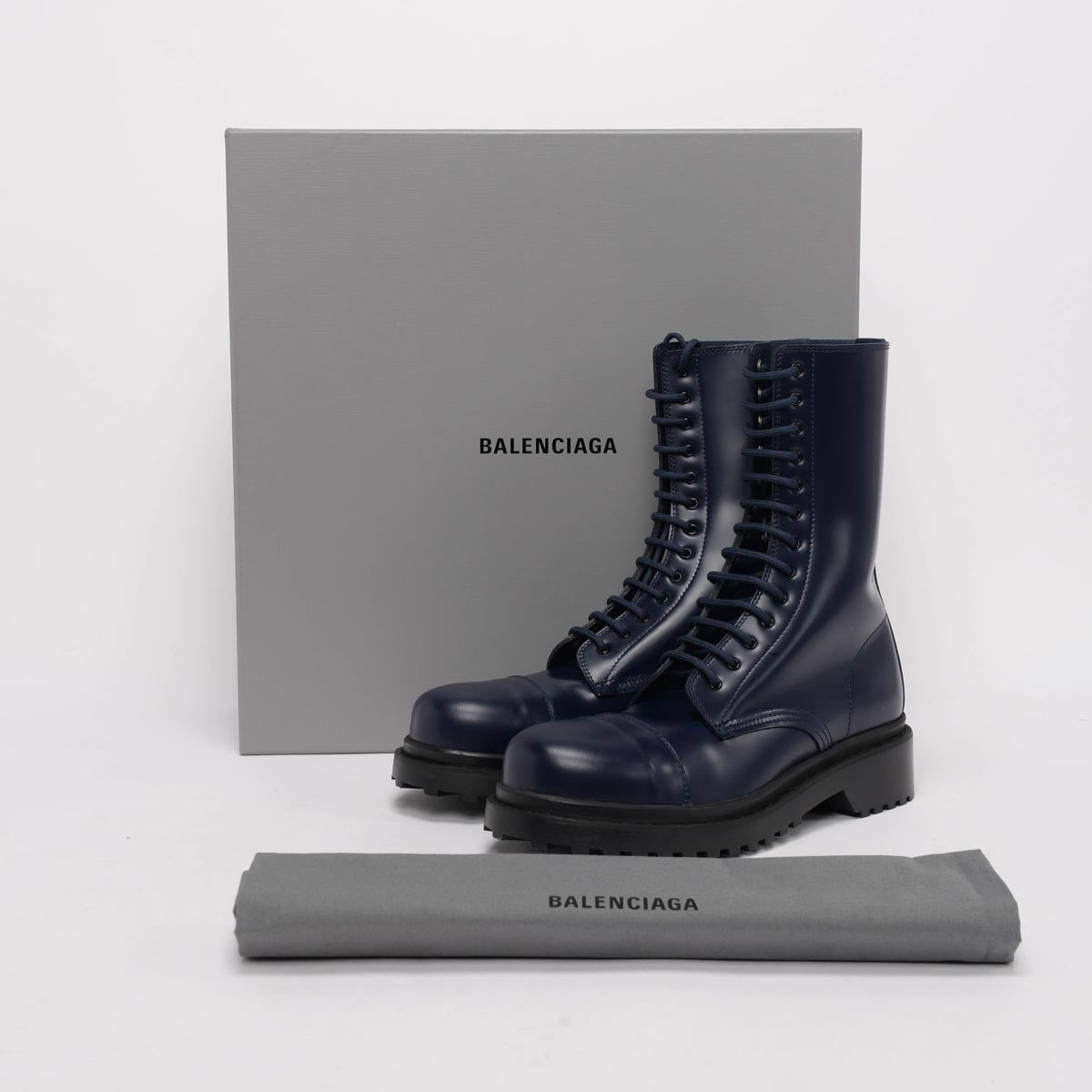 Balenciaga Navy Leather Combat Boots 40