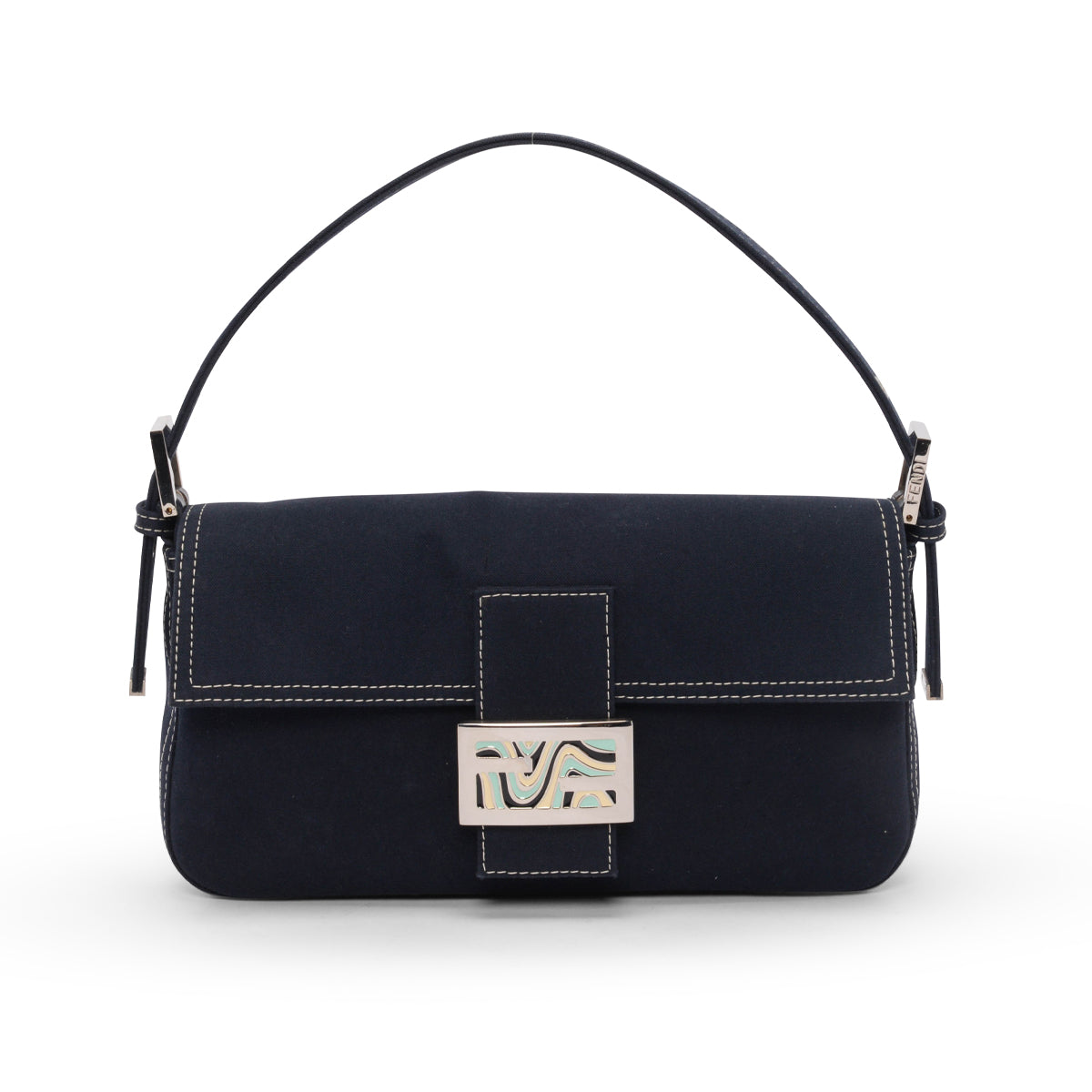 Fendi Navy Cotton Drill Enamel Clasp Baguette Bag