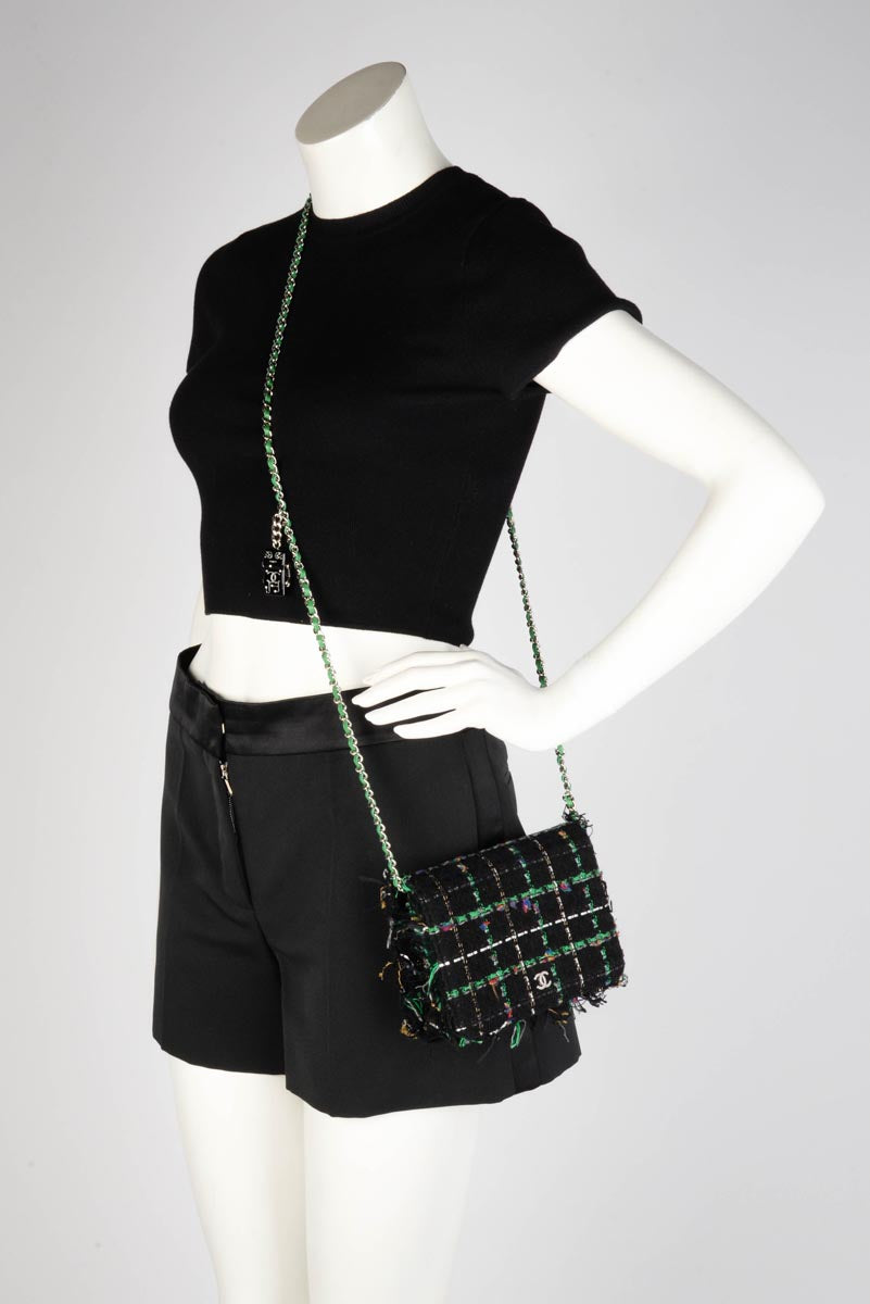 Chanel Black & Green Tweed Frayed Robot Wallet on Chain