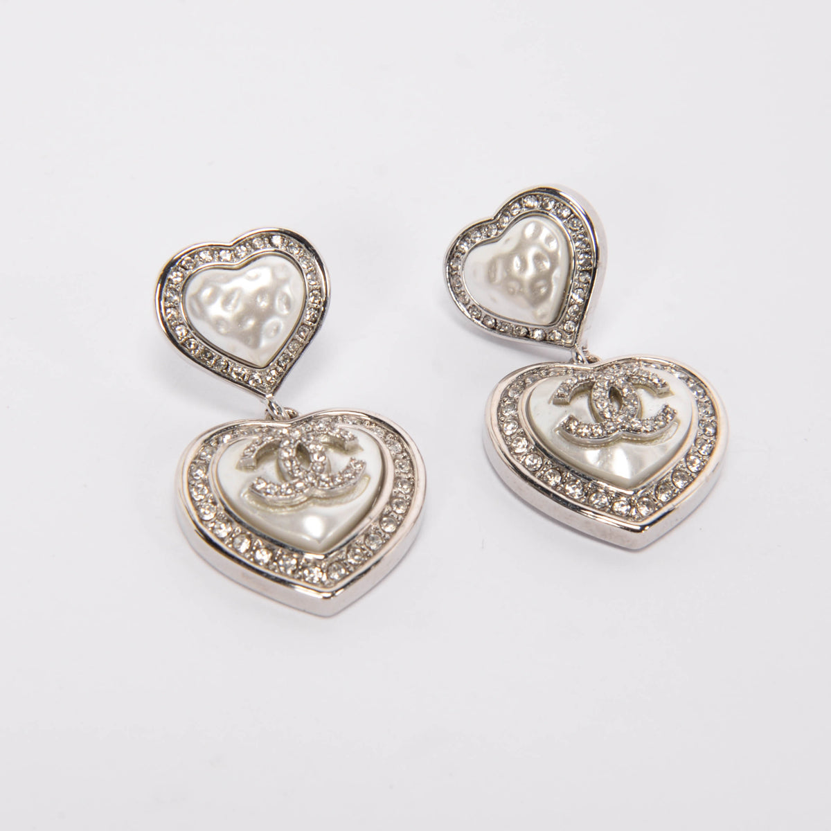 Chanel Silver Pearl & Crystal CC Heart Drop Earrings