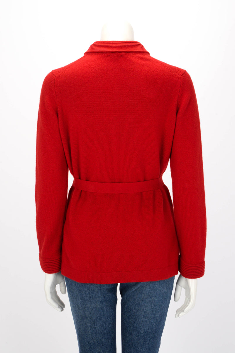 Chanel Red Cashmere Belted Mandarin Collar Cardigan Jacket FR 40