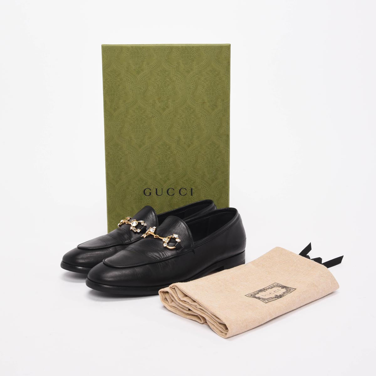 Gucci Black Malaga Kid Jordaan Crystal Horsebit Loafers 38