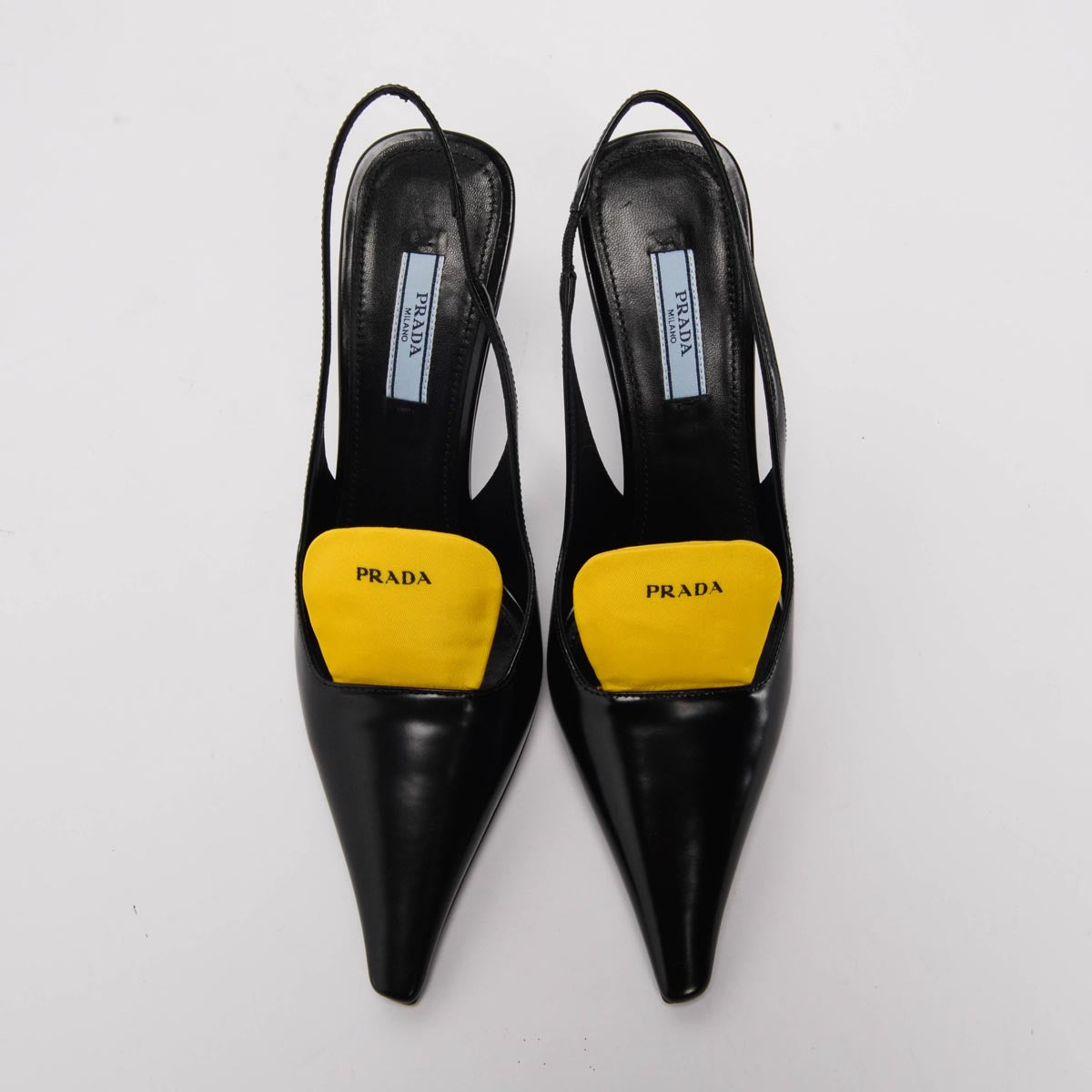 Prada Black Hi-Shine Logo Print Slingback Pumps 36