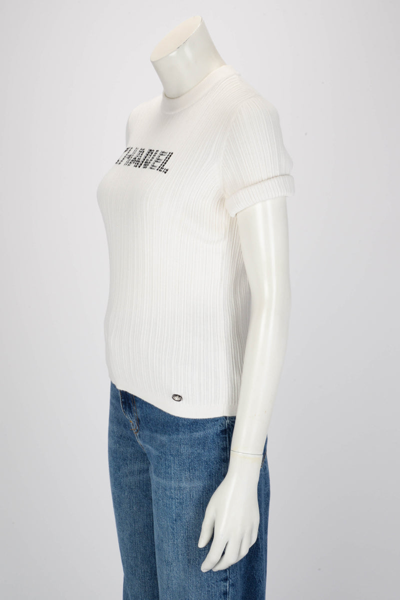 Chanel White Ribbed Cotton Logo Knit Top