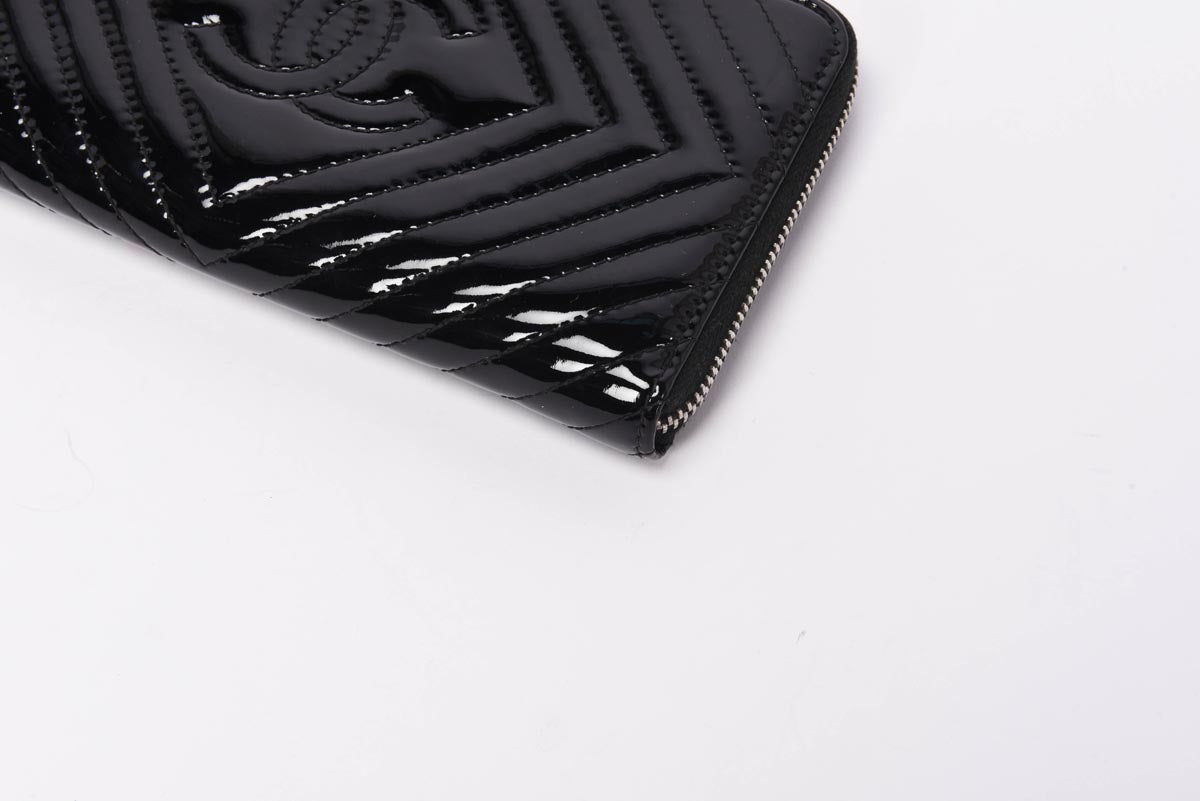 Chanel Black Chevron Patent CC Zip Around Wallet