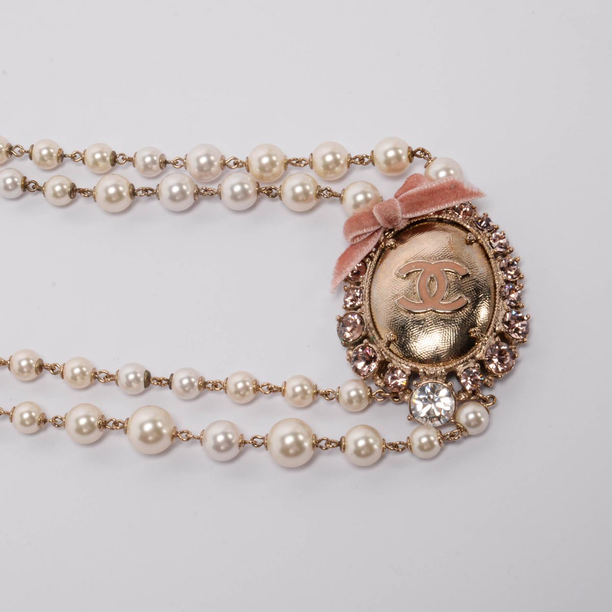 Chanel Light Gold Pearl CC Cameo Long Necklace