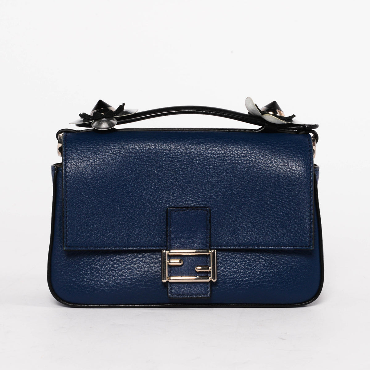 Fendi Black & Blue Vitello Dolce Flowerland Micro Double Baguette