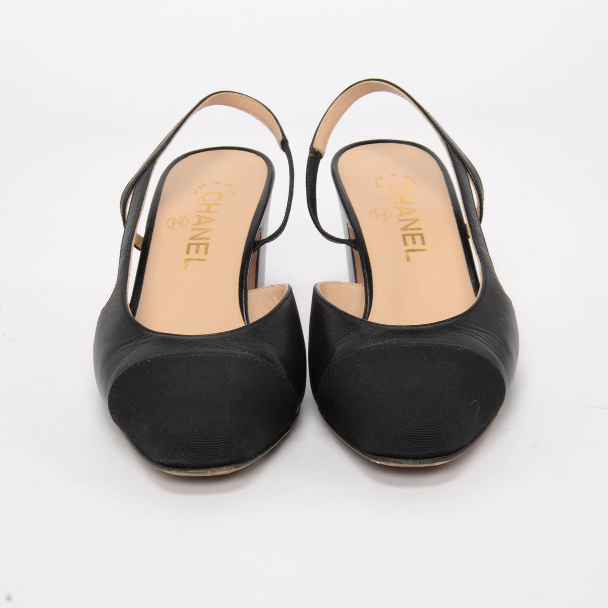 Chanel Black Lambskin & Grosgrain Slingback Pumps 38